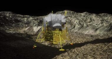 CGI Exploration of the lunar surface with a detailed lander model at twilight video
