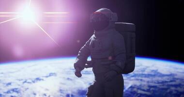 CGI Astronaut floating in space with Earth and sun in the background during day video
