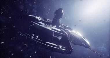CGI Spaceship navigating through asteroid field in distant galaxy video