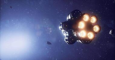 CGI Spaceship exploring asteroid field in deep space during a cosmic journey video
