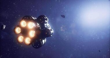 CGI Spaceship exploring asteroid field in deep space at high speed video