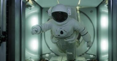 CGI Astronaut exploring a spacecraft in zero gravity during a space mission video