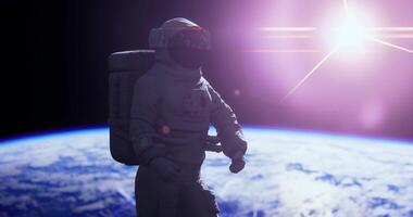 CGI Astronaut floating in space above the Earth during a bright sunset video