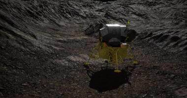 CGI Exploration of the moons surface by a lunar lander in a shadowed crater video