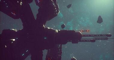 CGI Exploration of a futuristic space station near asteroid field in deep space video