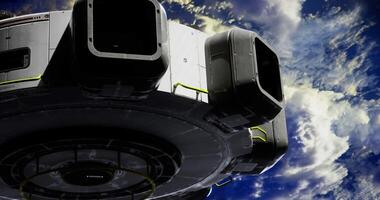 CGI Spacecraft hovering above Earth with detailed exterior and atmospheric backdrop video