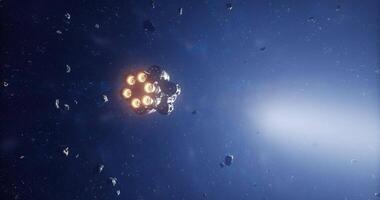 CGI Rocket ship navigating through an asteroid field in deep space video