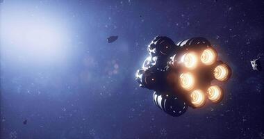 CGI Spaceship navigating through asteroid belt in deep space during unknown mission video