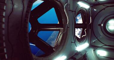 CGI View from inside a spacecraft looking out at Earth in low orbit video