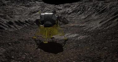 CGI Lunar lander exploring the rugged surface of the moon during night video