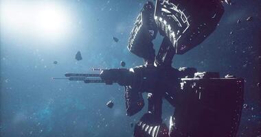 CGI Space station orbiting an asteroid field with distant sun in background video