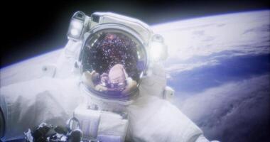 CGI Astronaut in space reflecting the cosmos and Earth below during spacewalk video