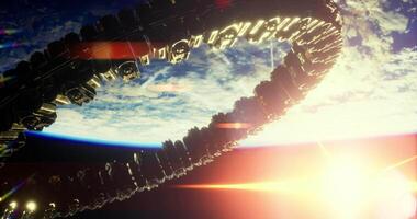 CGI Futuristic space structure orbiting Earth as sun rises in the background video