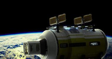CGI Space station orbiting Earth with solar panels and vibrant planet details video