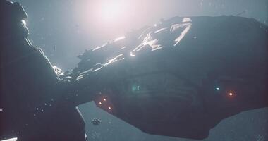 CGI Spaceship exploring deep space with starry background and light effects video