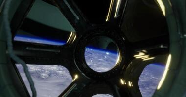 CGI View from space station window showing planet Earth and atmosphere video