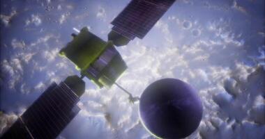 CGI Global surveyor spacecraft orbiting a distant planet in deep space video