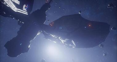 CGI Exploring a massive space station surrounded by asteroids under distant stars video