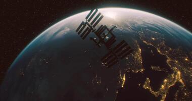 CGI Satellites orbiting Earth during nighttime with glowing cities below video