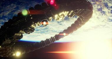 CGI Space station orbiting Earth at sunset with glowing lights and structure video