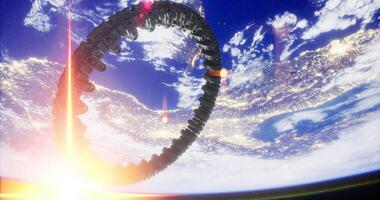 CGI Orbiting structure shines brightly against Earth horizon at dusk video
