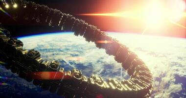 CGI Orbital structure surrounding Earth during sunrise over the horizon video