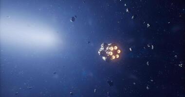 CGI Exploration of deep space with a spacecraft navigating through asteroids video