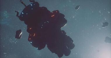 CGI Exploration of a massive spacecraft in deep space surrounded by asteroids video