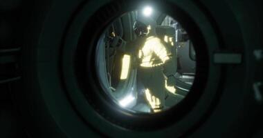 CGI Astronaut working on a spacecraft control panel in a dimly lit environment video