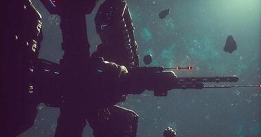 CGI Exploration of a futuristic spacecraft amid asteroids in deep space video
