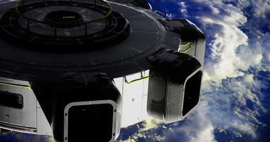 CGI Spacecraft hovering above Earth with bright clouds in the background video