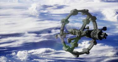 CGI Space station floating above Earth in a vivid celestial backdrop video