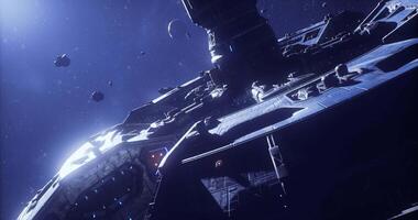 CGI Space exploration vessel navigating through an asteroid field in the galaxy video