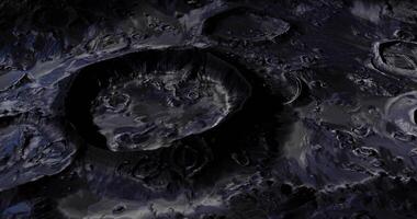 CGI Dark lunar landscape with craters and surface details illuminated by light video