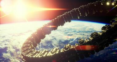 CGI Space station orbiting Earth with a brilliant sunrise in the background video
