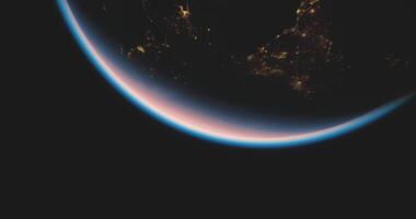CGI Earth viewed from space highlighting atmospheric layers and city lights video