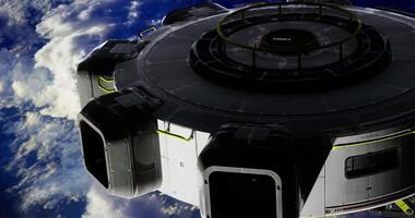 CGI Exploration of futuristic spacecraft orbiting Earth with stunning cloud views video