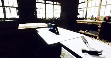 CGI Workshop interior with cluttered workbench and tools ready for crafting video