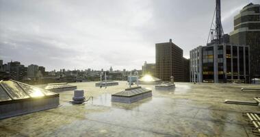 CGI Downtown rooftop view with city skyline and reflective surfaces at dusk video