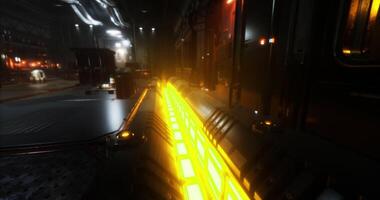 CGI Industrial space with yellow lights and machinery in the dark video