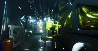 CGI Exploring a futuristic interior of a sci fi spacecraft corridor video