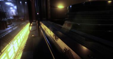 CGI Industrial walkway illuminated by warm lights creating a moody atmosphere video