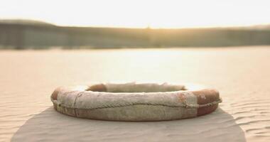 CGI Lifebuoy on sandy beach at sunset near calm water video