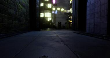 CGI Urban alleyway illuminated at night with vibrant city lights reflecting video