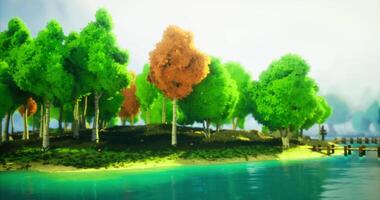 CGI Lush island landscape with vibrant trees and tranquil water during daylight video