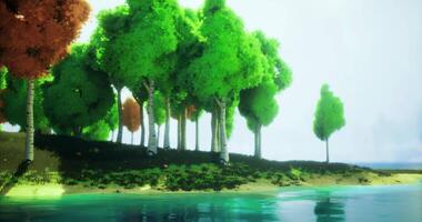 CGI Lush green trees lining a serene lakeshore in a vibrant natural landscape video