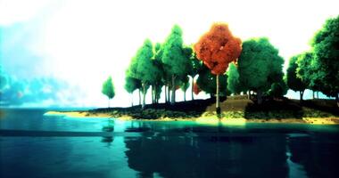CGI Colorful forest and tranquil waters create serene atmosphere at sunset video