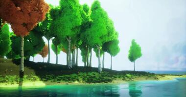 CGI Lush trees by a serene lake bathed in soft sunlight video