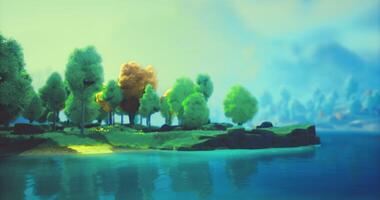 CGI Serene lakeside view with lush trees and calm water under bright sky video