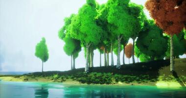 CGI Vibrant nature scene with lush trees and a calm lake in daylight video